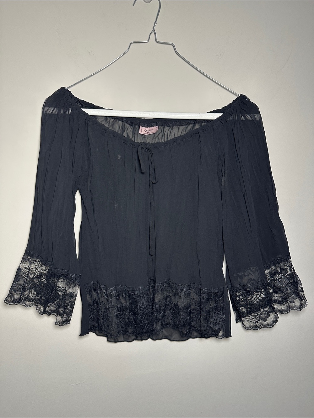 Soprano black Sheer Off-Shoulder Tie-Front Top with lace